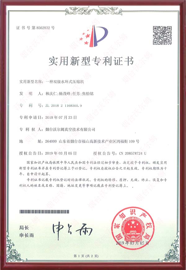 【專利】一種雙級水環式壓縮機